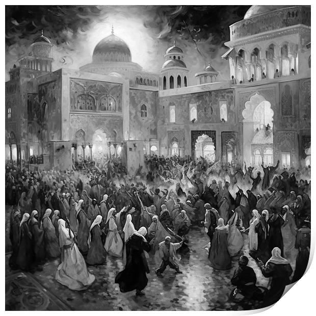 Crowds outside mosque Print by Zahra Majid