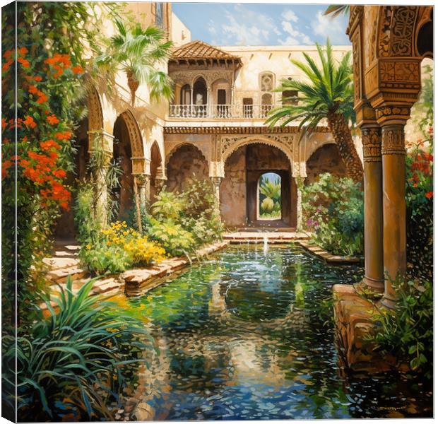 courtyard overseeing water pond Canvas Print by Zahra Majid