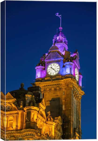 Balmoral Hotel Clock Tower At Night In Edinburgh Canvas Print by Artur Bogacki