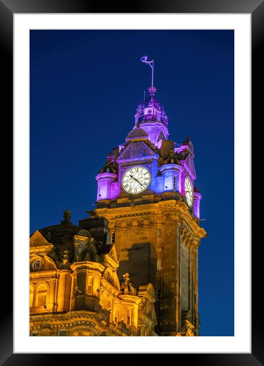 Balmoral Hotel Clock Tower At Night In Edinburgh Framed Mounted Print by Artur Bogacki