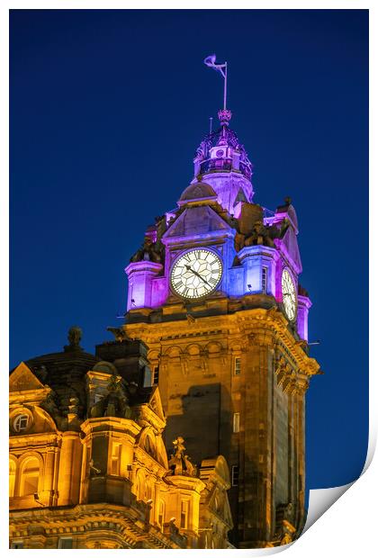Balmoral Hotel Clock Tower At Night In Edinburgh Print by Artur Bogacki
