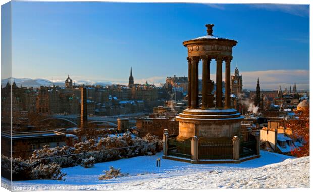 Snow on Calton Hill and city of Edinburgh, Scotlan Canvas Print by Arch White