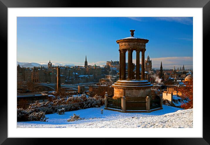 Snow on Calton Hill and city of Edinburgh, Scotlan Framed Mounted Print by Arch White