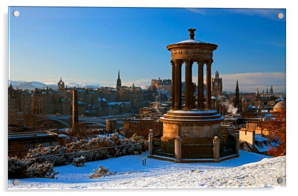 Snow on Calton Hill and city of Edinburgh, Scotlan Acrylic by Arch White
