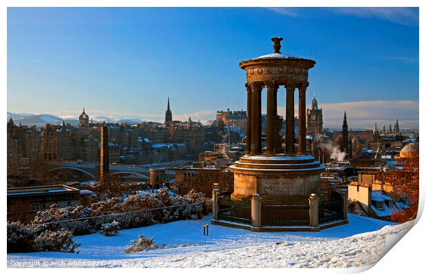 Snow on Calton Hill and city of Edinburgh, Scotlan Print by Arch White