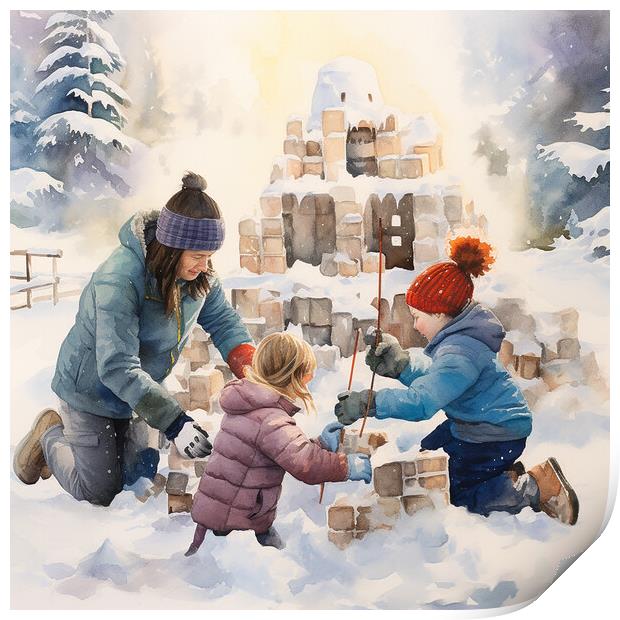 Playing in the snow in holidays Print by Zahra Majid