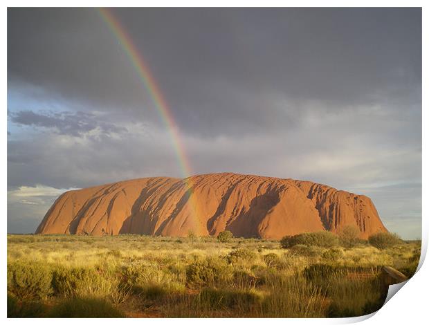 Rainbow over the rock Print by Dean Turner