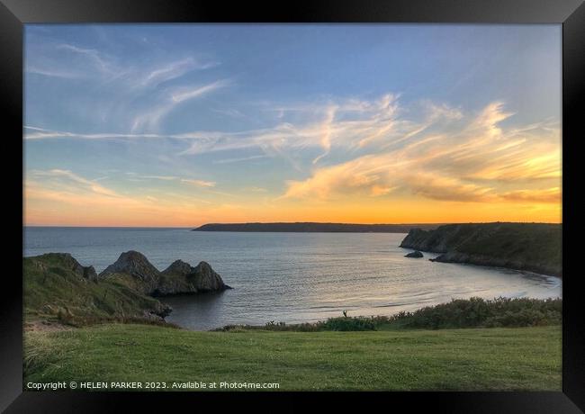 Sunset over Three Cliffs in Gower Framed Print by HELEN PARKER
