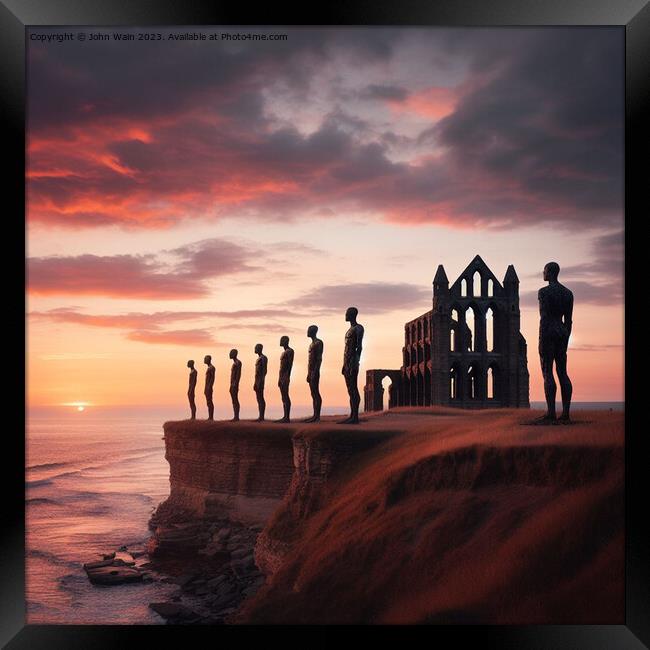 Gormley men and Whitby Abbey (AI Generated) Framed Print by John Wain