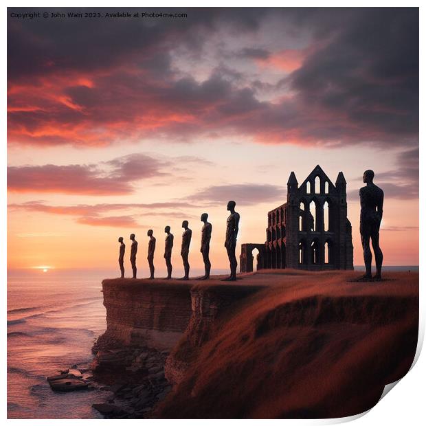 Gormley men and Whitby Abbey (AI Generated) Print by John Wain