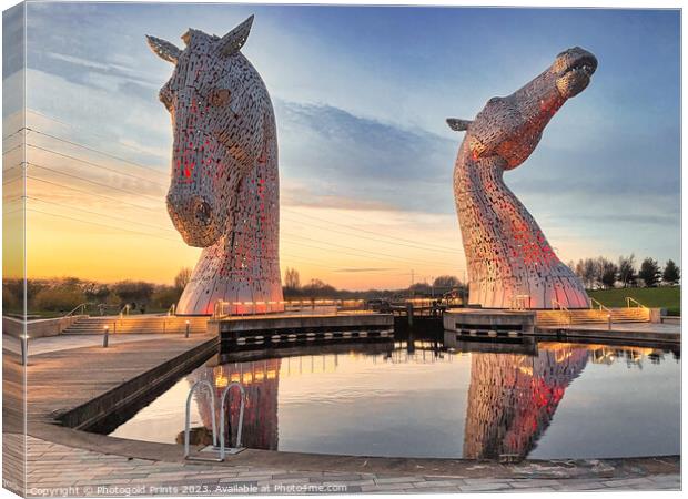  the Kelpies at sunset  , the Helix , Falkirk Canvas Print by Photogold Prints
