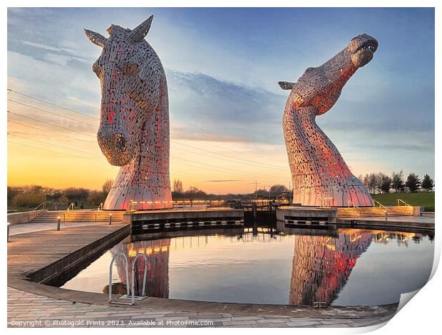  the Kelpies at sunset  , the Helix , Falkirk Print by Photogold Prints