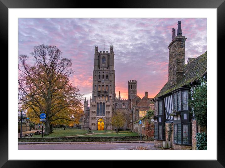 Colourful sunrise behind Ely Cathedral, 23rd November 2023 Framed Mounted Print by Andrew Sharpe