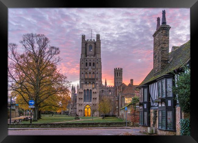 Colourful sunrise behind Ely Cathedral, 23rd November 2023 Framed Print by Andrew Sharpe