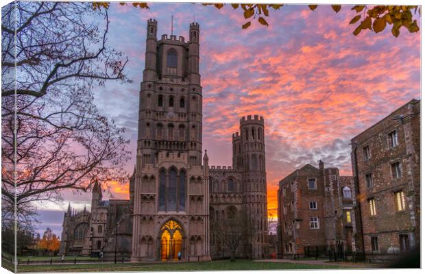 Colourful sunrise behind Ely Cathedral, 23rd November 2023 Canvas Print by Andrew Sharpe