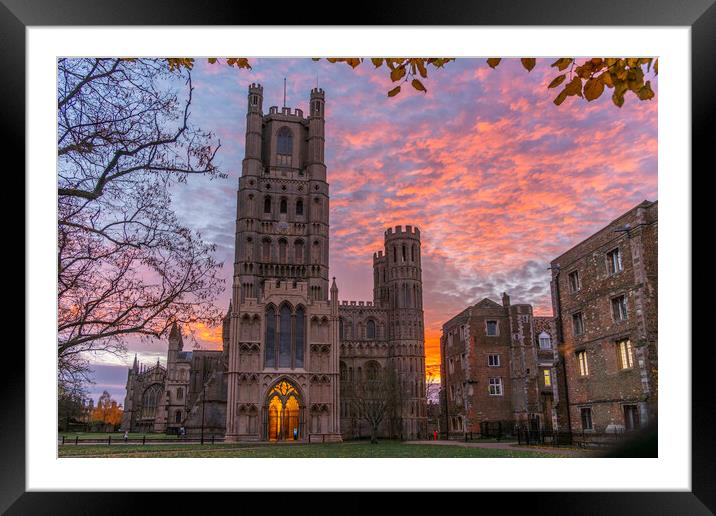 Colourful sunrise behind Ely Cathedral, 23rd November 2023 Framed Mounted Print by Andrew Sharpe