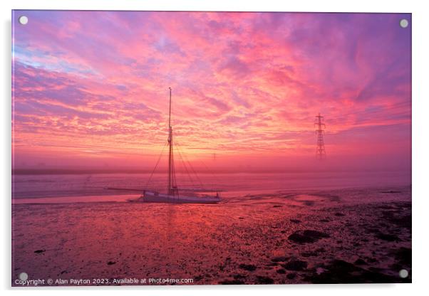 Red Sky over Oyster Yawl F76 Gamecock Acrylic by Alan Payton