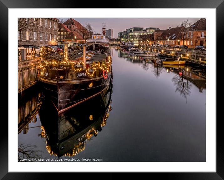 Christmas decoration on the ship Aniara reflecting in Copenhagen Framed Mounted Print by Stig Alenäs