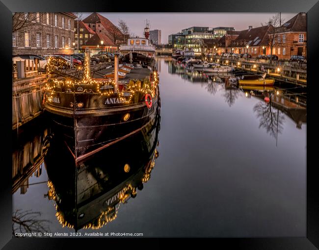 Christmas decoration on the ship Aniara reflecting in Copenhagen Framed Print by Stig Alenäs