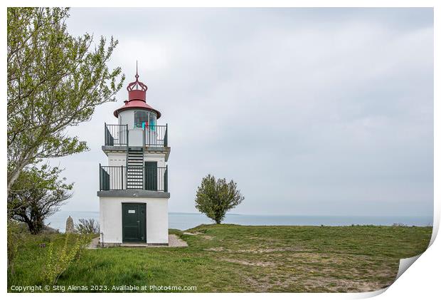 Spodsbjerg lighthouse overlooking a beach meadow and the sea  Print by Stig Alenäs