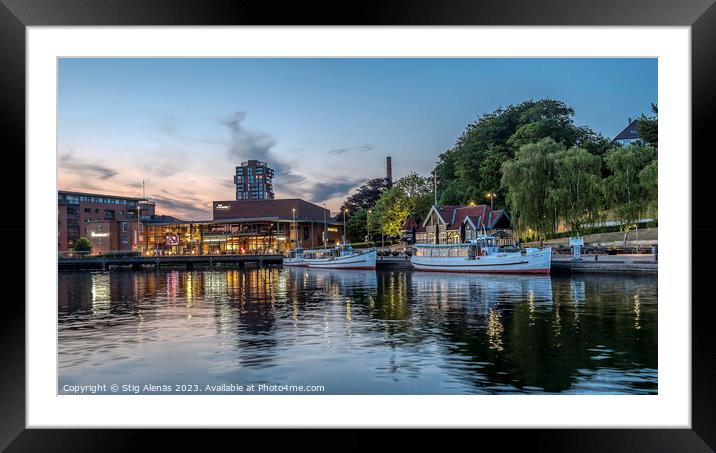 Sightseeing boats on the lake in the center of Silkeborg town Framed Mounted Print by Stig Alenäs