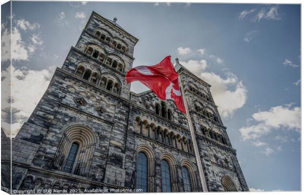twin towers of Lund Cathedral with the danish flag Canvas Print by Stig Alenäs