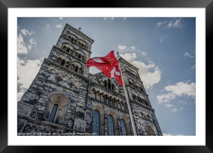 twin towers of Lund Cathedral with the danish flag Framed Mounted Print by Stig Alenäs