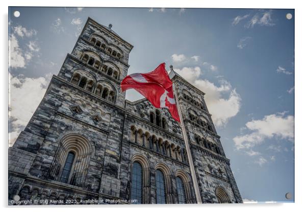 twin towers of Lund Cathedral with the danish flag Acrylic by Stig Alenäs