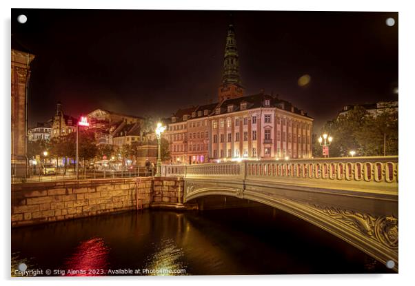 Højbro bridge in Copenhagen at night  Acrylic by Stig Alenäs