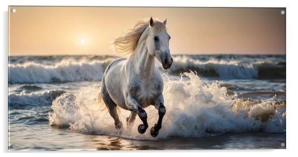 The imposing white stallion trots majestically on  Acrylic by Guido Parmiggiani