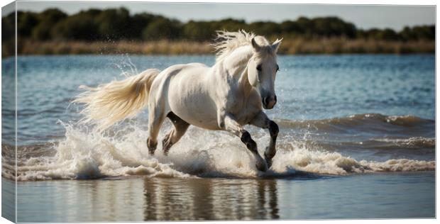 The imposing white stallion trots majestically on  Canvas Print by Guido Parmiggiani