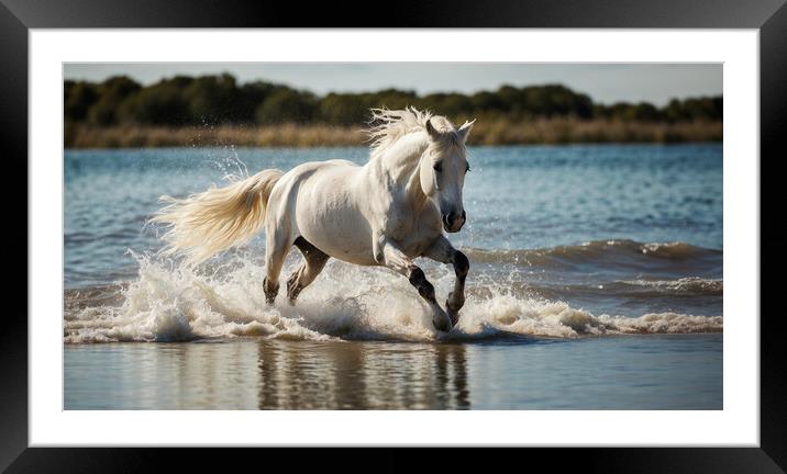 The imposing white stallion trots majestically on  Framed Mounted Print by Guido Parmiggiani