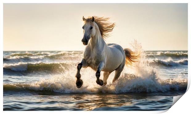 The imposing white stallion trots majestically on  Print by Guido Parmiggiani
