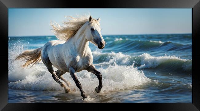 A white stallion gallops over a wave in the ocean Framed Print by Guido Parmiggiani