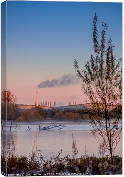 Urban Frost: Morning on the Industrial River Canvas Print by Stephen Young