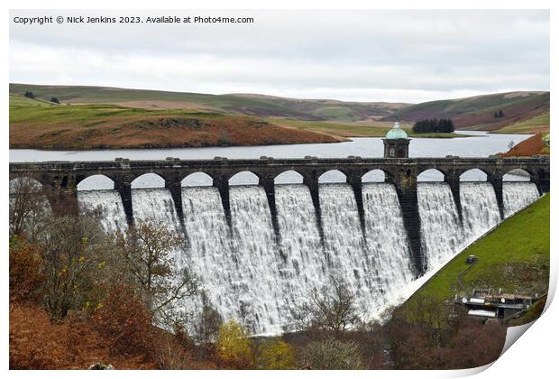 Craig Goch Reservoir and its spillage of reservoir water Mid Wales Print by Nick Jenkins