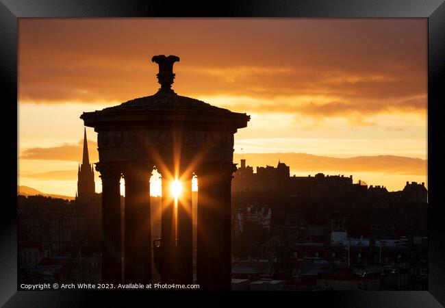 Sunset over Edinburgh city centre, Scotland, UK.  Framed Print by Arch White