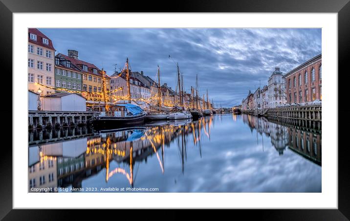 Blue hour in Copenhagen with Christmas decorations reflecting  Framed Mounted Print by Stig Alenäs