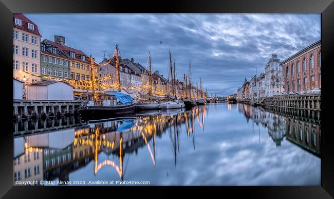 Blue hour in Copenhagen with Christmas decorations reflecting  Framed Print by Stig Alenäs