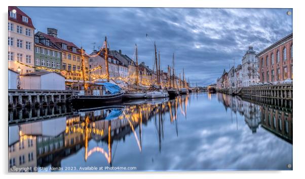Blue hour in Copenhagen with Christmas decorations reflecting  Acrylic by Stig Alenäs