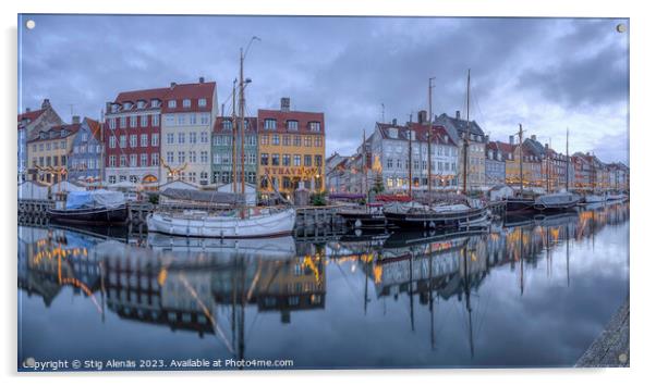 Panorama nyhamns canal in Copenhagen during the blue hour Acrylic by Stig Alenäs