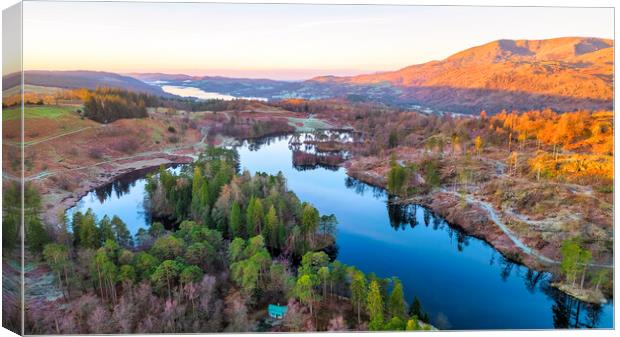 Tarn Hows to Coniston Water: Golden hour Canvas Print by Tim Hill