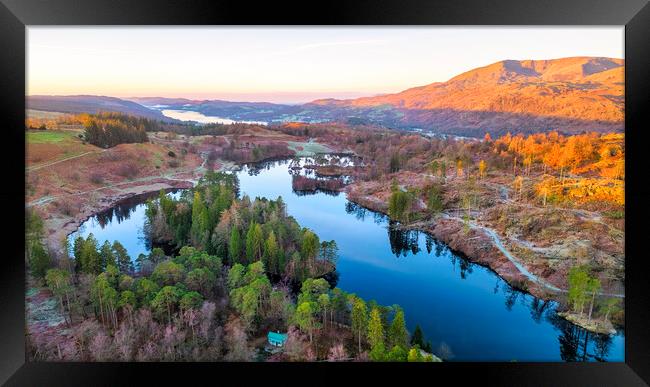 Tarn Hows to Coniston Water: Golden hour Framed Print by Tim Hill