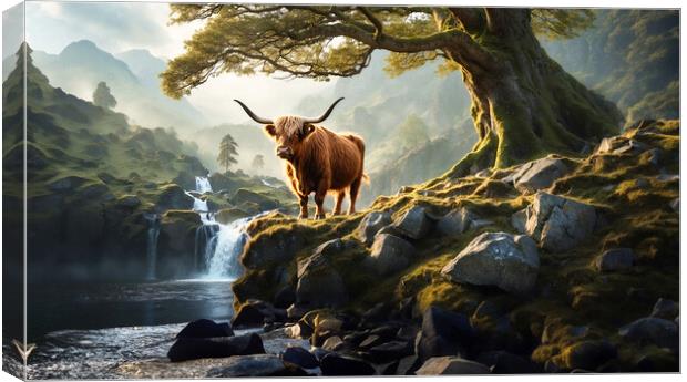 A mystical forest filled with ancient trees and a hidden waterfall, where a lone highland cow stands proudly on a rocky outcrop, Canvas Print by Guido Parmiggiani