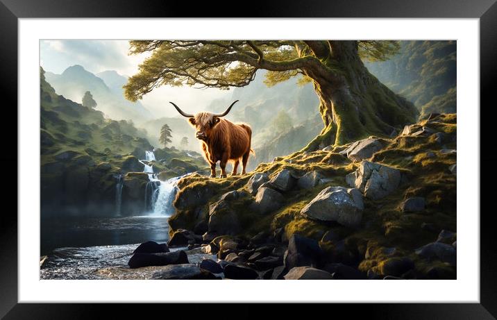 A mystical forest filled with ancient trees and a hidden waterfall, where a lone highland cow stands proudly on a rocky outcrop, Framed Mounted Print by Guido Parmiggiani