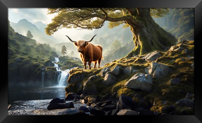 A mystical forest filled with ancient trees and a hidden waterfall, where a lone highland cow stands proudly on a rocky outcrop, Framed Print by Guido Parmiggiani
