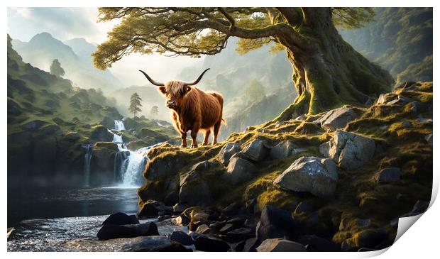 A mystical forest filled with ancient trees and a hidden waterfall, where a lone highland cow stands proudly on a rocky outcrop, Print by Guido Parmiggiani