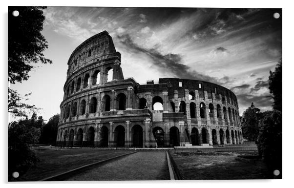 The fascinating sunset silhouette of the Colosseum in black and white. Acrylic by Guido Parmiggiani