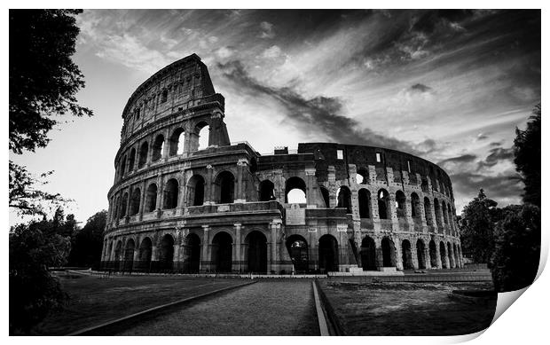 The fascinating sunset silhouette of the Colosseum in black and white. Print by Guido Parmiggiani