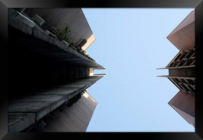 Looking up a brutalist building in Skopje Framed Print by Lensw0rld 